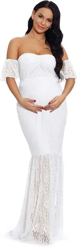 Vista 2 de ZIUMUDY Vestido largo para mujer, con hombros descubiertos, manga con volantes, encaje y sirena, para baby shower, vestido de fotografía