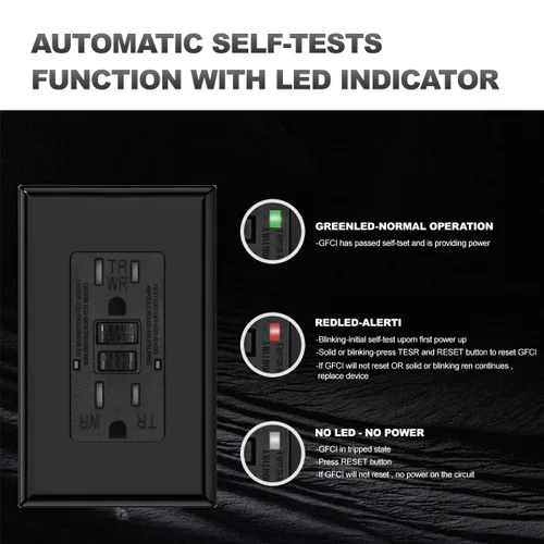 Vista 4 de Micmi Toma GFCI WR negra resistente a la intemperie, resistente a manipulaciones, receptáculo TR con indicador LED, placa de pared sin tornillos
