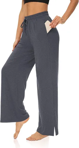 Vista 3 de DIBAOLONG Pantalones de pierna ancha para mujer, pantalones de yoga sueltos con cordón, cómodos pantalones de pijama palazzo con bolsillos