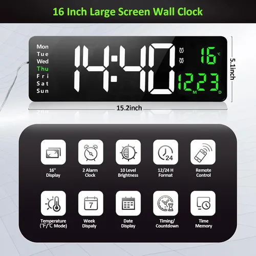 Vista 2 de Reloj de pared digital grande, reloj de pared digital de 16 pulgadas con hora, fecha, temperatura, semana, temporizador, 12/24 horas, atenuación