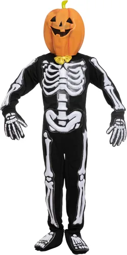Vista 2 de Spooktacular Creations Disfraz de esqueleto aterrador de cabeza de calabaza para niños disfraz de esqueleto y máscara de calabaza para niños