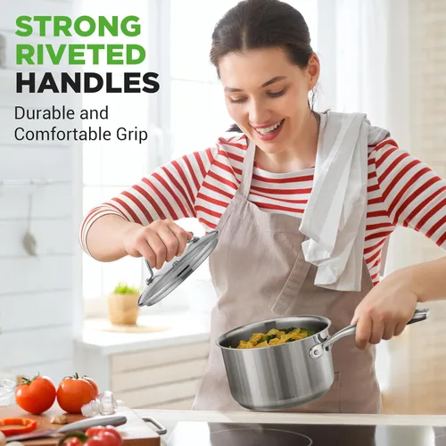 Vista 4 de NutriChef Olla de acero inoxidable de 2 cuartos de galón con tapa, cacerola resistente con asas ergonómicas, para todas las estufas
