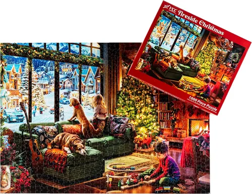 Vista 3 de Rompecabezas de Navidad junto a la chimenea de 1000 piezas de Vermont Christmas Company - Rompecabezas de arte navideño vintage con piezas