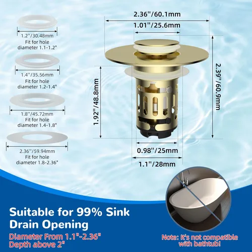 Vista 8 de Hibbent Colador de drenaje de lavabo de baño 3 en 1 mejorado, tapón universal desplegable con cesta de filtro de acero inoxidable extraíble atrapa