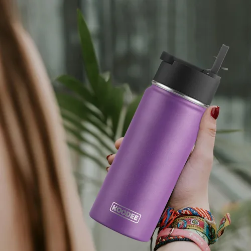 Vista 5 de koodee Botella de agua de acero inoxidable de 16 onzas con aislamiento al vacío de doble pared con pajilla, paquete de 2 botellas de agua deportivas