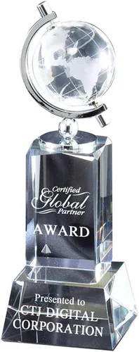 Vista 2 de Premio personalizable de 9 pulgadas de cristal óptico giratorio de la torre del globo, incluye personalización