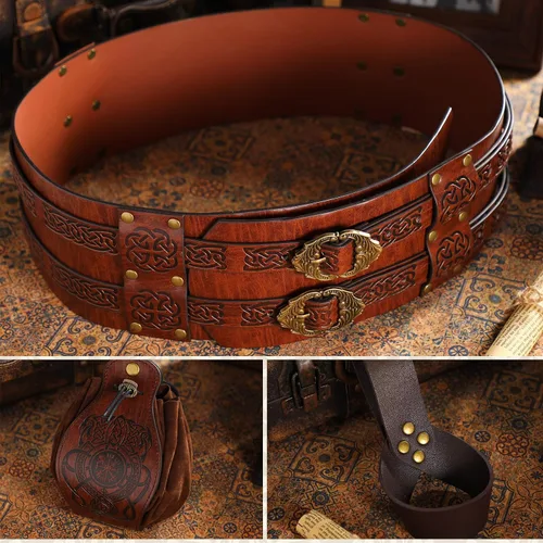 Vista 3 de Juego de 3 piezas de cinturón vikingo medieval renacentista para hombre, de piel sintética en relieve, para Halloween, caballero, guerrero, pirata