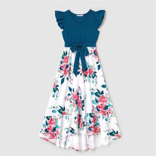 Vista 2 de PATPAT Conjunto de vestidos familiares a juego para madre e hija con estampado floral y puños con volantes y camisetas de manga corta