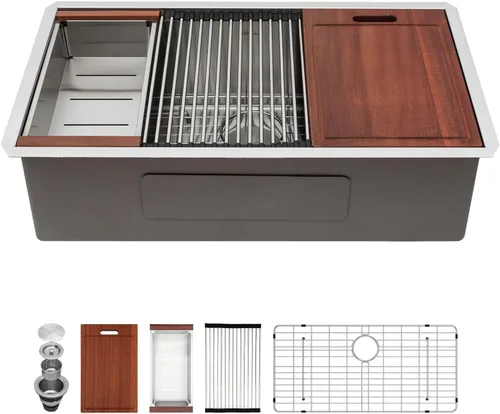 Vista 17 de Sarlai Fregadero de cocina empotrado de 30 pulgadas dorado - Fregadero de cocina de 76,2 cm x 45,7 cm con repisa para estación de trabajo de acero