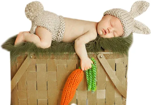 Vista 4 de IWEMEK Traje de Pascua para recién nacidos, para niños, niñas, accesorios de fotografía, cumpleaños, hecho a mano, ganchillo, zanahoria, conejo