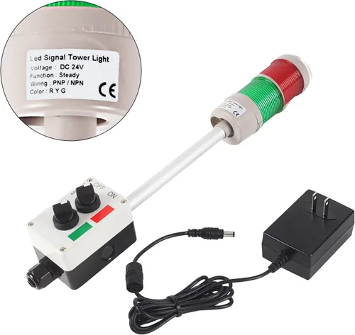 Vista 3 de Luz LED de torre Andon de 2 pilas con zumbador Rojo/verde, encendido/apagado o flash, interruptor ABB, adaptador Mean Well 120V-24V, Plug-and-Play