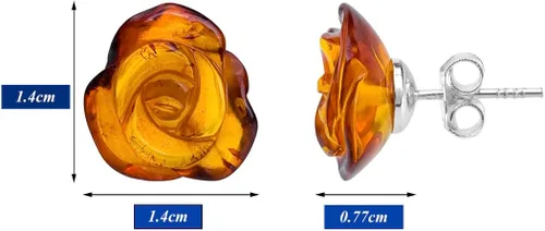 Vista 4 de Aretes originales de ámbar de plata esterlina con rosa plana tallada con broches