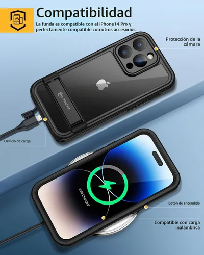Vista 5 de Lanhiem Funda para iPhone 14 Pro con Soporte, Funda Impermeable a Prueba de Polvo IP68 con Protector de Pantalla Integrado, Carcasa de Cuerpo