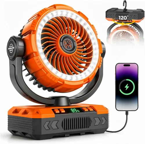 Vista 10 de Ventilador de camping recargable de 9 pulgadas 【Oscilante automático, máximo 60H】Ventilador portátil de 20000 mAh, funciona con pilas, luz Negro