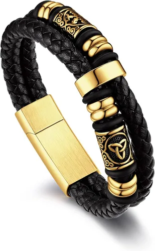 Vista 13 de Bandmax Pulseras de Puño de Cuerda de Cera Doble Negra para Hombres Impermeables de Acero Inoxidable Estilo Nórdico Nudo Celta Cuentas Pulsera