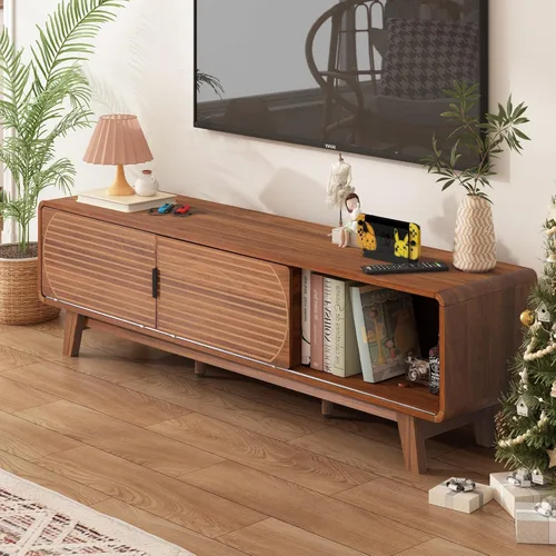 Vista 13 de Janmer Home Soporte de TV acanalado de 54 pulgadas con almacenamiento, consola de TV moderna de mediados de siglo con puertas correderas Tambour