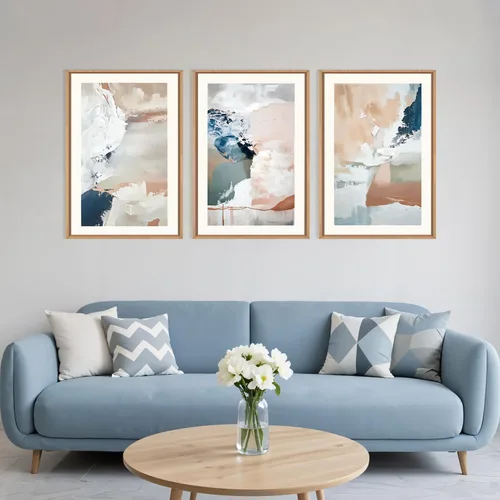 Vista 3 de Arte de Pared de Lienzo Enmarcado con Grandes Pinceladas Abstractas, Decoración de Pared Azul Marino Neutro, Pintura de Pared Moderna en Tonos