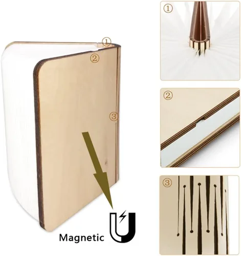 Vista 5 de tooloflife Lámpara de libro plegable novedad lámpara de mesa de madera portátil luz de escritorio LED linterna de papel con USB recargable