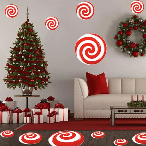 Vista 5 de 24 PCS Calcomanías de Suelo de Menta - 3 Tamaños Autoadhesivas Diseño de Dulces de Navidad, Calcomanías de Suelo y Ventana para Decoraciones