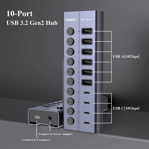 Vista 10 de FIDECO Hub USB alimentado de 60 W para laptop y PC, divisor USB de 10 puertos de 10 Gbps con adaptador de corriente de 12 V 5 A, adaptador