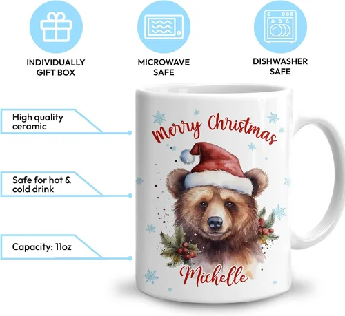 Vista 3 de Hyturtle Regalos personalizados para amantes de los osos – Taza de café de cerámica con nombre personalizado de oso con sombrero de Papá Noel