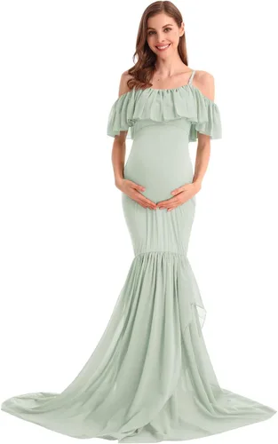 Vista 2 de MYRISAM Vestido de maternidad con volantes y hombros descubiertos para mujer, vestido de fiesta de sirena de gasa, vestido ajustado