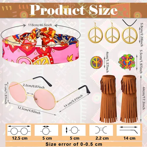 Vista 2 de 18 piezas de disfraz hippie de los años 60 y 70 para niños vestido hippie con chaleco signo de la paz diadema alfileres hippie tatuajes disfraz