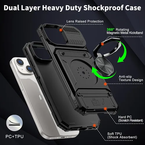 Vista 3 de Vofolen - Funda tipo cartera para iPhone 13 con tarjetero [tienda de 2 tarjetas], color negro 360°Magnetic Ring Stand Dual Layer Heavy Duty