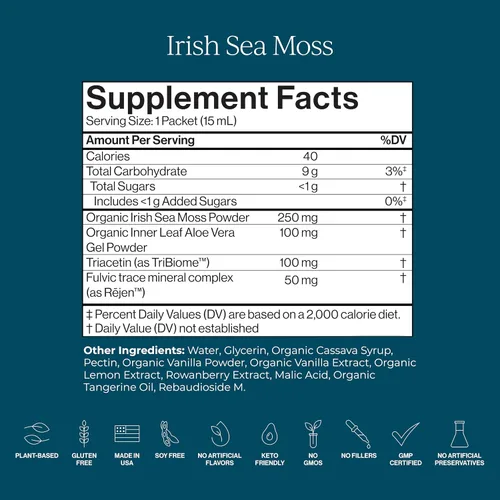 Vista 4 de CYMBIOTIKA Suplemento de Musgo Marino Irlandés, Musgo Marino Silvestre Orgánico con Aloe Vera, Minerales Fúlvicos, Postbióticos, Apoyo