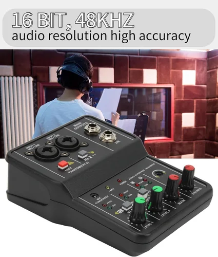 Vista 6 de Mini mezclador de audio, 2 canales USB portátil con tarjeta de sonido en vivo, sistema de consola con alimentación fantasma de 48 V, mezclador DJ