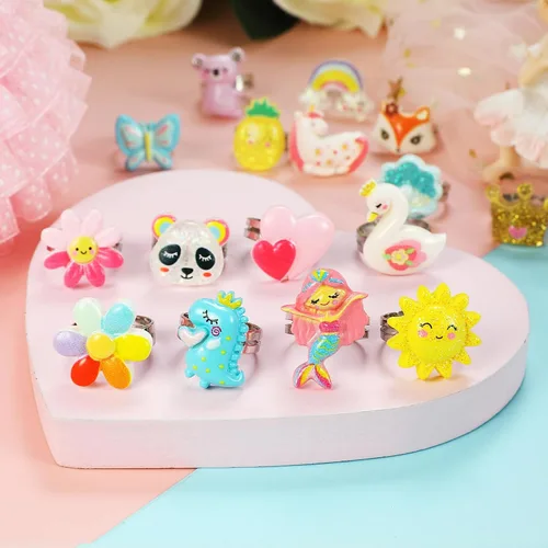 Vista 2 de PinkSheep Little Girl Jewel Rings Pink,Adjustable Princess Ring Set in Gift Box,Kids Dress Up Rings for Ages 3-12 with Butterfly, Fox, Rainbow