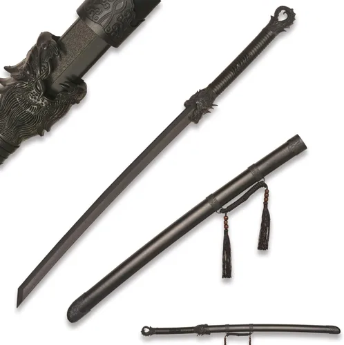 Vista 9 de 39" Plastic Martial Arts Polypropylene Training Katana Practice Sword, Black Chinese Tang Dynasty Style Dragon Pattern Decorated Sword with Scabbard