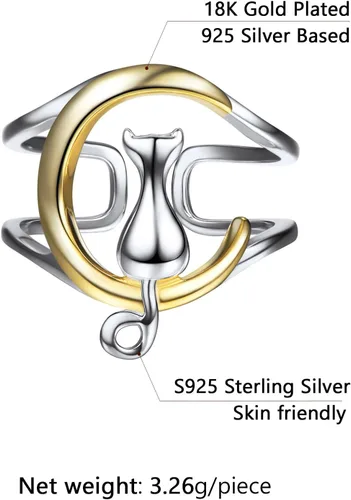 Vista 6 de SILVERCUTE Women Cat Ring 925 Sterling Silver 18K Gold Plated Cat on The Moon Cute Wrap Ring Adjustable