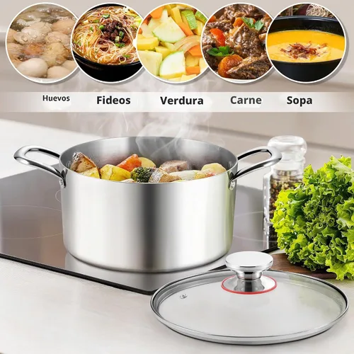 Vista 4 de E-far Olla de 6 Cuartos, Olla de Cocina de Acero Inoxidable de Tres Capas con Tapa de Vidrio y Asas Remachadas, Olla de Metal para Pasta y Sopa