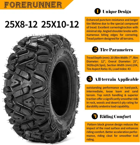 Vista 6 de Neumáticos ATV UTV TRS de 25x8-12 y 25x10-12 (paquete de 4, sin cámara)
