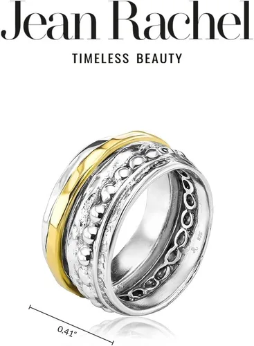 Vista 7 de 925 Sterling Silver14K Gold Plated Silver Spinner Ring Unisex, Bold Hammered BeadedFreshwater Pearl Floral Etched and Hammered, Oxidized