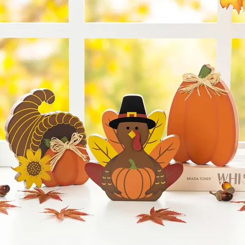 Vista 8 de Glitzhome Juego de 2 decoraciones de calabaza de madera de Acción de Gracias (6 pulgadas y 8 pulgadas de alto) – Decoración de mesa de granja