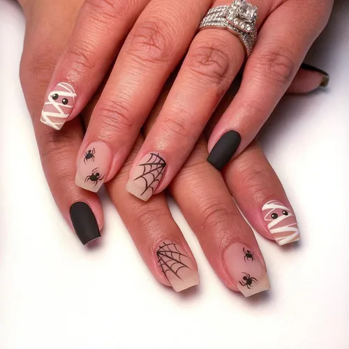 Vista 15 de Uñas postizas de Halloween a presión medianas con diseño de ataúd oscuro gótico embrujado, castillo muerto, diseño de árbol muerto, uñas postizas