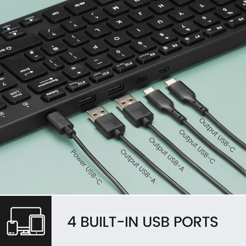 Vista 3 de Perixx PERIBOARD-215B US Teclado con cable - Teclas de tijera ultra delgadas - 2 puertos USB-A y USB-C integrados - Cable desmontable - Negro