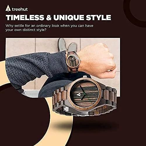 Vista 4 de treehut Reloj de madera para hombre con correa de madera ajustable y hebilla de acero inoxidable, reloj analógico de cuarzo japonés con caja