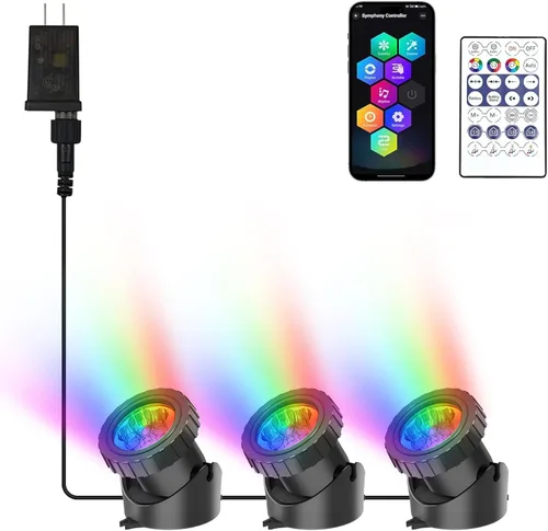 Vista 10 de RGB - Luces sumergibles para estanques bajo el agua, luces de fuente LED súper brillantes, focos de paisaje de colores, control por aplicación