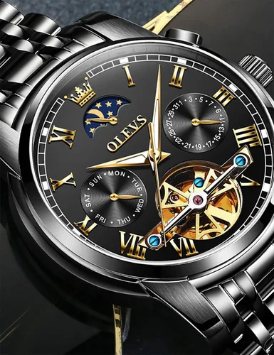 Vista 4 de OLEVS Relojes automáticos de cuerda automática para hombre, fecha y día, calendario, relojes de acero inoxidable, movimiento esquelético