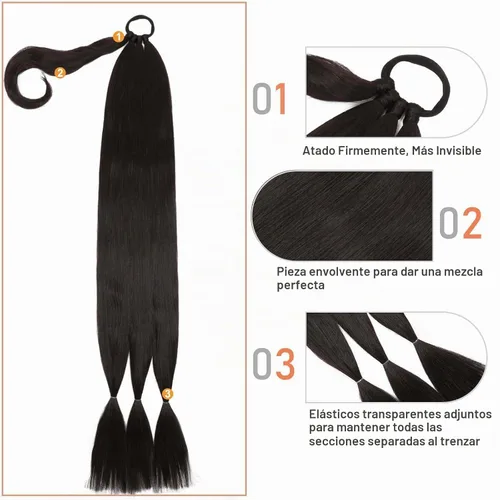 Vista 2 de Extensiones de cola de caballo trenzada de 20 pulgadas de largo para mujer, extensiones de cabello lacio envolvente con banda para el cabello, cola
