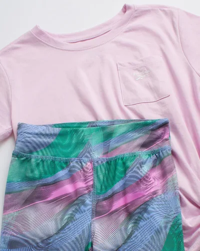 Vista 2 de Reebok Conjunto de pantalones cortos activos para niña, 2 piezas, camiseta de rendimiento y pantalones cortos de ciclismo, ropa deportiva de verano