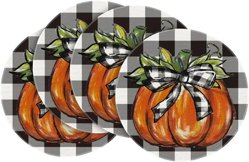 Vista 11 de Artoid Mode Juego de 4 manteles individuales de otoño con diseño de calabaza a cuadros de búfalo de 12 x 18 pulgadas para decoración de fiestas