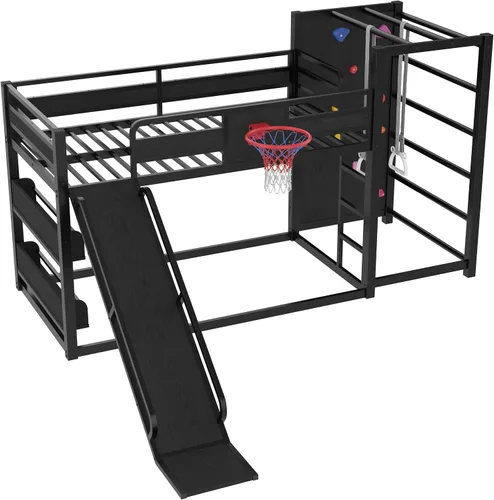 Vista 5 de Cama tipo loft de metal individual con estanterías deslizantes y de almacenamiento, marco de cama de metal resistente con aro de baloncesto, anillos