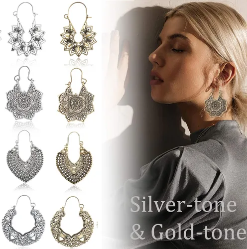 Vista 3 de FIBO STEEL Juego de 8 pares de aretes colgantes vintage con diseño de mandala para mujer estilo bohemio retro tribal huecos Acero inoxidable