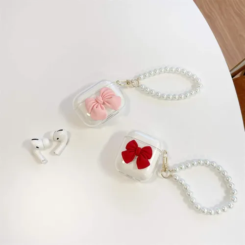 Vista 7 de Funda transparente compatible con AirPods 1 y 2, hermoso diseño de lazo colorido con pulsera de perlas de lujo, ultrafina, funda protectora de RosaA