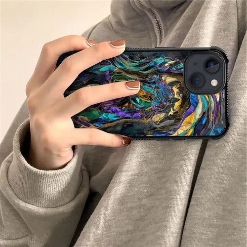 Vista 4 de ZHEGAILIAN Funda compatible con iPhone 15, fundas de caballo de baile de cristal de colores, parte trasera de vidrio templado+funda protectora