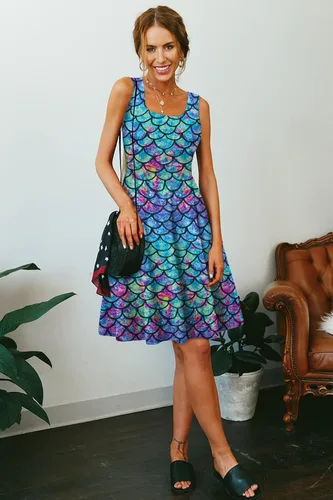 Vista 4 de uideazone - Vestido de mujer sin mangas cuello redondo de verano, para playa, casual, Midi línea A.